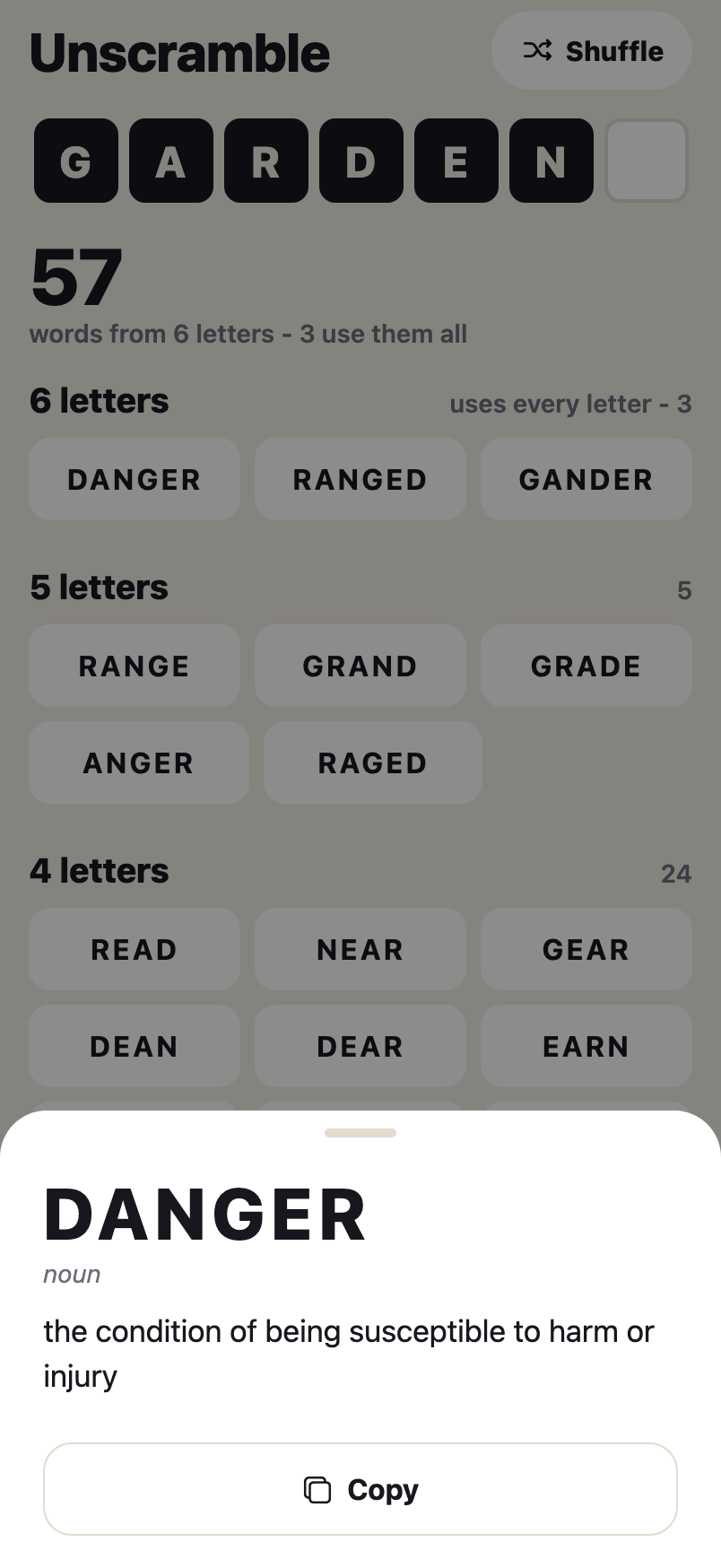 A word definition shown in a sheet over the results